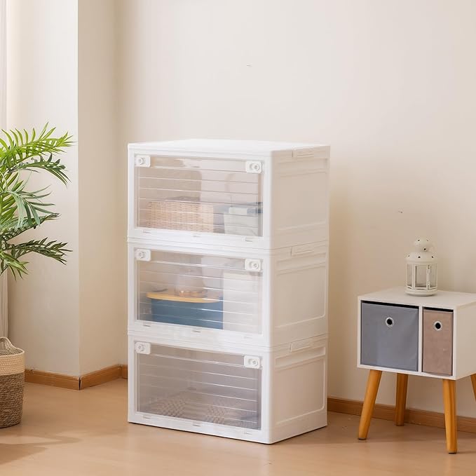 3-Tier 101QT Stackable Storage Bins with Lid Doors &amp Wheels Collapsible Plastic Organizer Bins for Closet Bedroom White