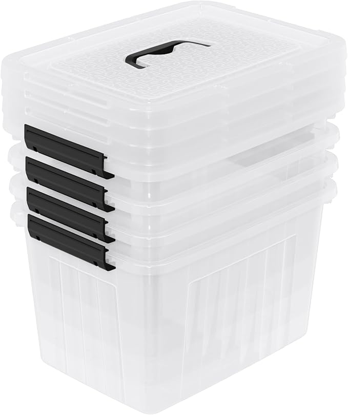 4 Pack Plastic Storage Boxes Lidded Storage Bins with Handle 20L Clear