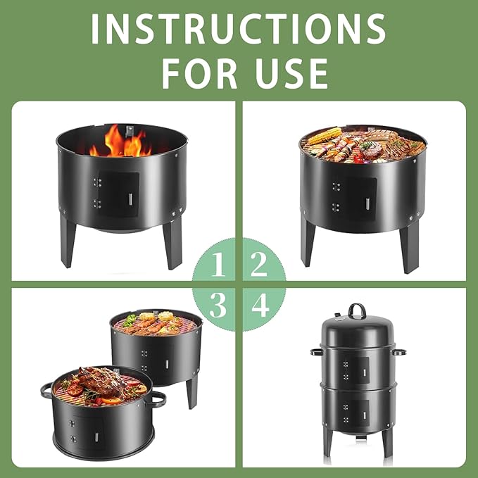 16.5-Inch Vertical Charcoal Smoker Heavy Duty Round Multi-Layer BBQ Grill with Thermometer for Smoking Meats (Black)