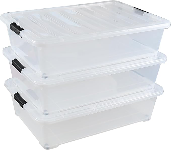 Gloreen 3 Pack Large Under Bed Storage Boxes with Wheels 50 Quart Clear Plastic Lidded Storage Bins