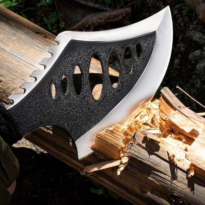 DOOM BLADE Camping Hatchet Axe with Nylon SheathTomahawk Viking Forged High Carbon SteelPortable Camping Axe for Outdoor Splitting WoodHunting (Double-Bit Axe + Hatchet + Fixed Blade Knife)