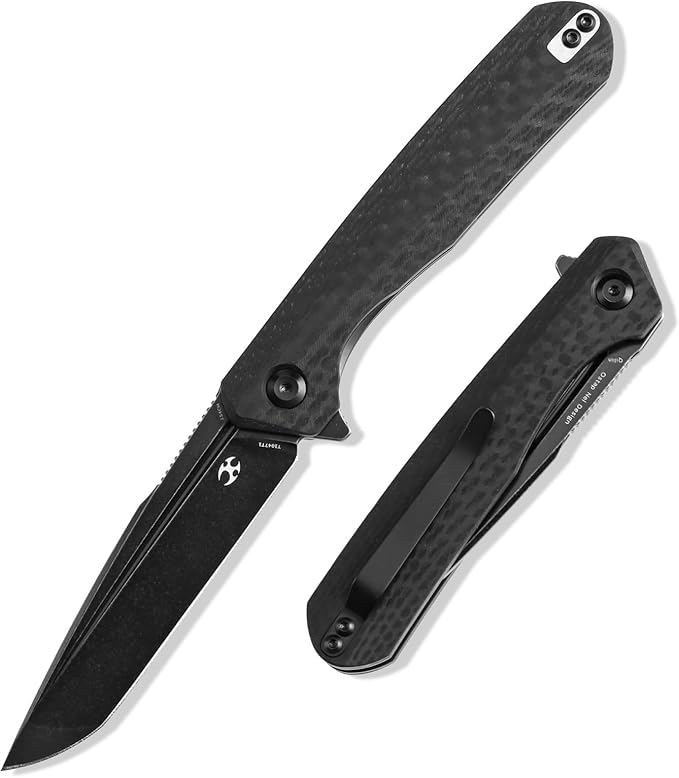 KANSEPT Qilin Pocket Knife3.24'' Blackwash 154CM Sharp Tanto Blade Black Carbon Fiber &amp G10 Handle for Edc Flipper and Liner Lock with Double-Sided Clip Men Camping Survival Folding Knives T10