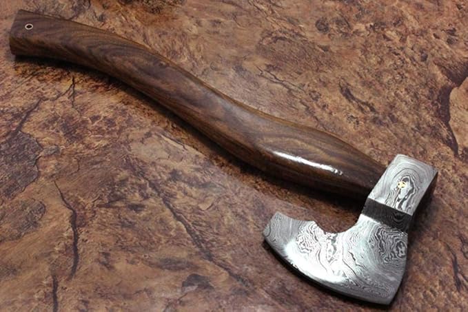 16 Inches Long Hand Forged Damascus Steel Tomahawk Axe Bearded Hiking Battle Axe Rose Wood Round Handle Large 5 Cutting Edge Thick Cow Hide Leather Sheath