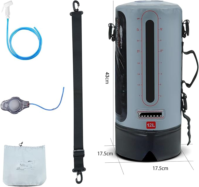 12L Camping Pressure Shower Bag Portable Solar Water Bag with Foot Pump and Shower Head for Hiking Picnic Swimming