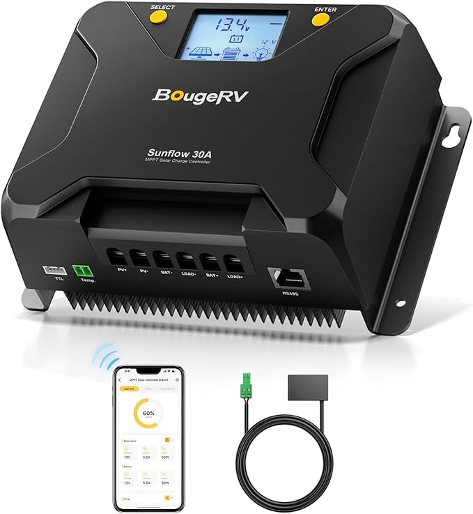 BougeRV MPPT Solar Charge Controller 30A w/ Low-Temp Cut-Off APP Control Backlit LCD 30 Amp Solar Panel Regulator 12V/24V for LiFePO4 SLD Gel FLD AGM Battery RV Marine Upgraded