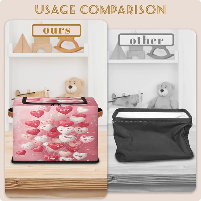 Valentine¡¯s Day Storage Bins with Zipper Lid Love Heart Balloons Fabric Lidded Storage Baskets Cubes with Handles Decorative Foldable Shelf Closet Organizer Container