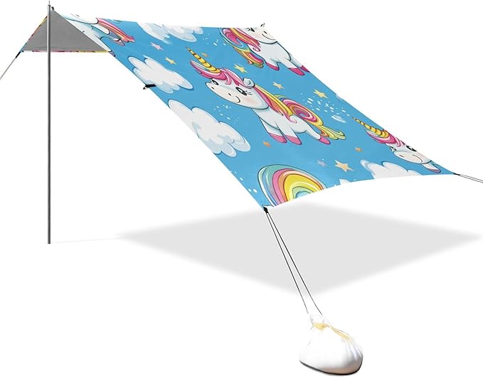 ALAZA Cute Rainbow Unicorns Cartoon Beach Tent Sun Shelter UPF50+ Protection Beach Shade Canopy w/ 4 Sandbags for Outdoor Camping Fishing Backyard Fun Picnic 10x9 ft