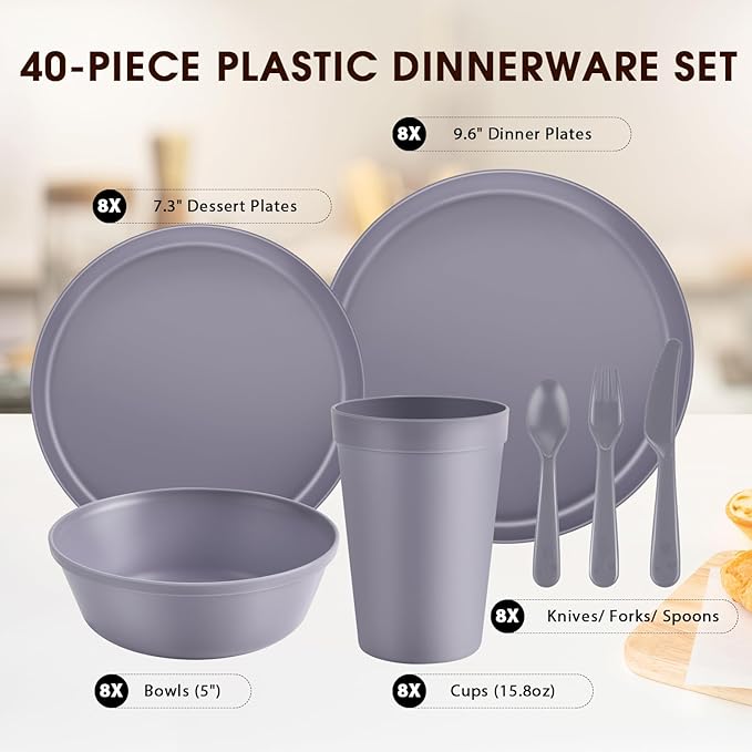 40 Piece Plastic Dinnerware Set for 8 with Cutlery Unbreakable Plates and Bowls Set Dishwasher &amp Microwave Safe Reusable Dish Set for Camping RV Outdoor Kitchen Apartment Dining Gray