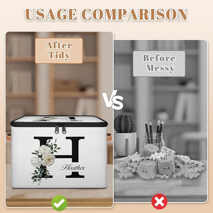 Custom Initials Floral Storage Bins with Lid Foldable Personalized Storage Basket Boxes with Handle Shelf Basket Closet Organizer Cube