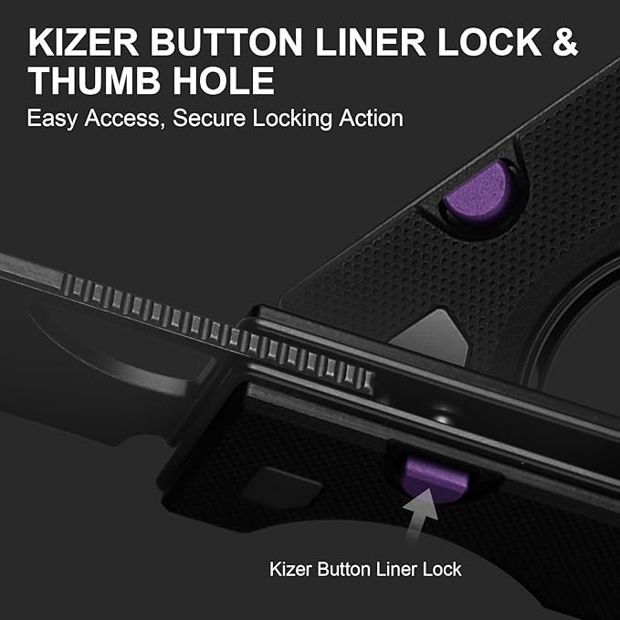 Kizer Little Ringbo Pocket Knife 2.95 D2 Steel Drop Point Folding Knife with Black G10 Handle Thumb Hole Opener Button Liner Lock EDC knives for Camping Hiking V3708M1