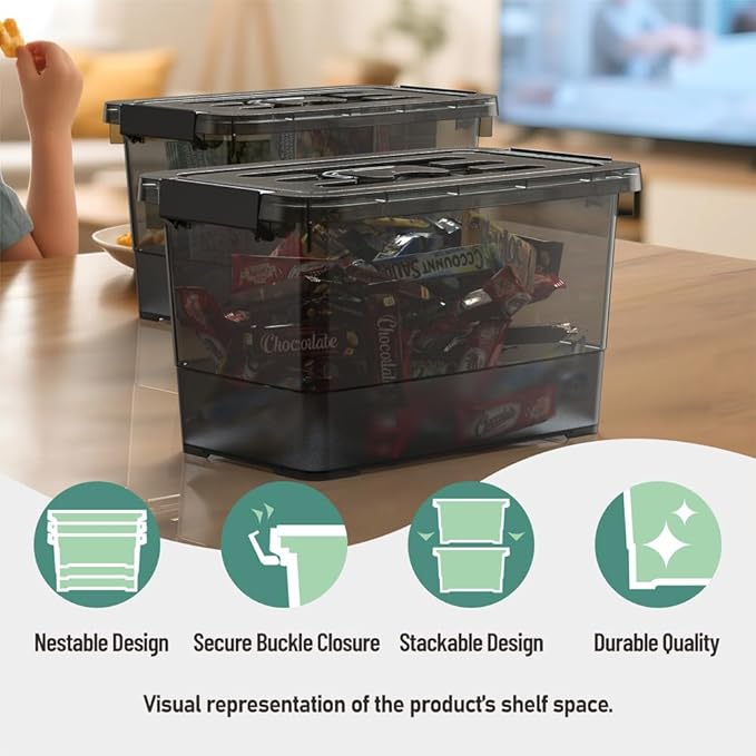 4 Pack 7 Quart Clear Black Storage Bins with Latching Lids Stackable Plastic Storage Containers for Closet Pantry &amp Garage Organization
