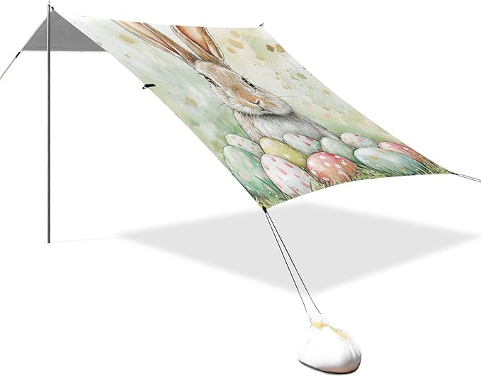 Green Stripe Rabbit Bunny Eggs Easter1 Stable Beach Tent UPF50+ Lightweight Large Sun Shelter with Sand Pockets for Camping Picnics Backyard