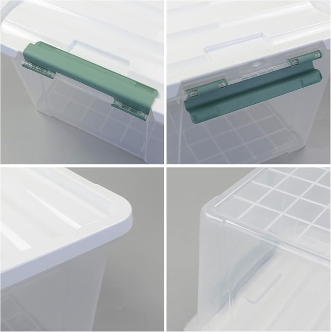 4-Pack Latching Lid Box Large Clear Plastic Storage Bins 35 Quart Green Latch Stackable Container Boxes for Home Bathroom Kitchen and Office Organization