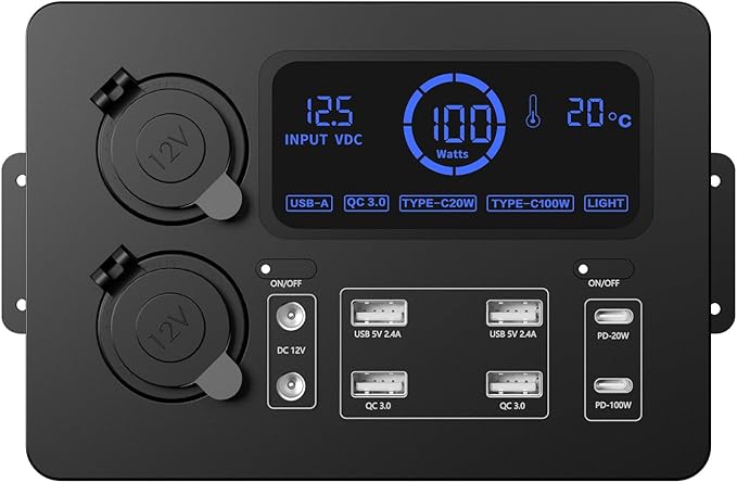 fangzi Mini Power BoxMini Power Box 12V 100W LCD Display Power Box with LED Lights USB-C &amp QC3.0 Ports Portable Control Hub for RVs SUVs Boats Yachts Cars