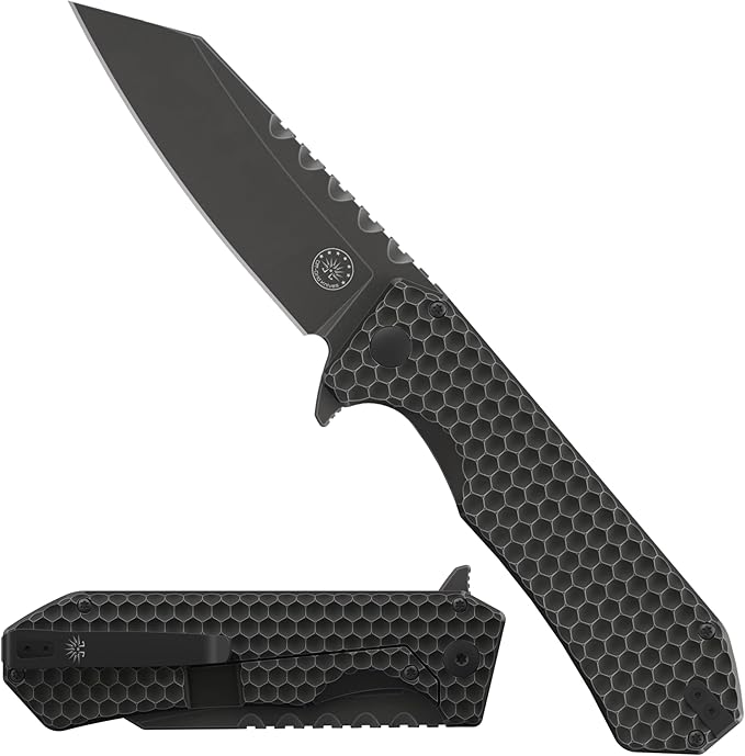 Off-Grid Knives - MAMBA V3 Large EDC Knife with MagnaCut Blade Steel Titanium Scales and Hardware Manual Ball Bearing Flipper Four Finger Grip Deep Pocket Carry (Blackout)