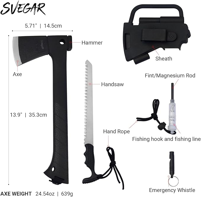 Camping Axe and Hatchet Multi-Tool – 14 Survival Outdoor Axe Includes Handsaw Fire Starter Sheath Fishing Kit &amp Whistle – Compact Tool for Camping Hiking &amp Bushcraft