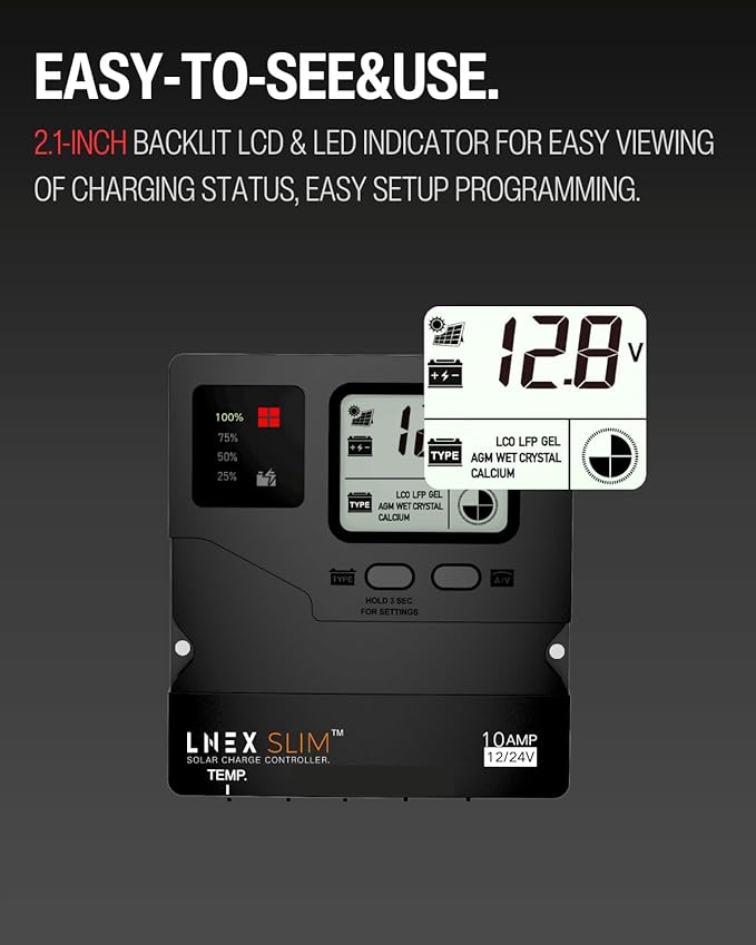 LNEX Solar Charge Controller 5 Stage Intelligent Battery Regulator with LCD Display 12V/24V PWM Solar Controller for LiFePO4 AGM Gel Flooded and Lithium Battery (10A)