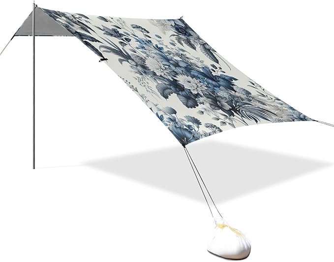 Exotic Flowes Blue Beach Tent Sun Shelter Set UPF50+ UV Protection 10.5 x 9.19 FT Camping Shade Canopy with Sandbags Sand Anchors Carrying Bag and Others