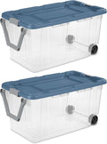 160 Quart Extra Large Clear Rolling Storage Bins 2-Pack Blue Heavy-Duty Plastic with Locking Leakproof Lid for Garage Basement Seasonal Storage &amp Transport