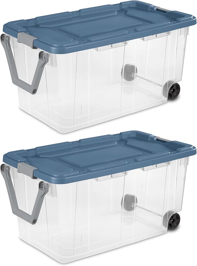 160 Quart Extra Large Clear Rolling Storage Bins 2-Pack Blue Heavy-Duty Plastic with Locking Leakproof Lid for Garage Basement Seasonal Storage &amp Transport