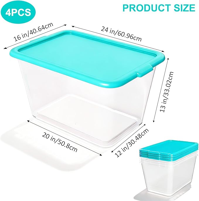 Storage Totes with Lids - Made in USA 14.5-Gallon (58-Quart) 4-Pack Aqua Storage Bins with Lids Plastic Storage Containers Large Storage Boxes for Organizer Aqua/Clear