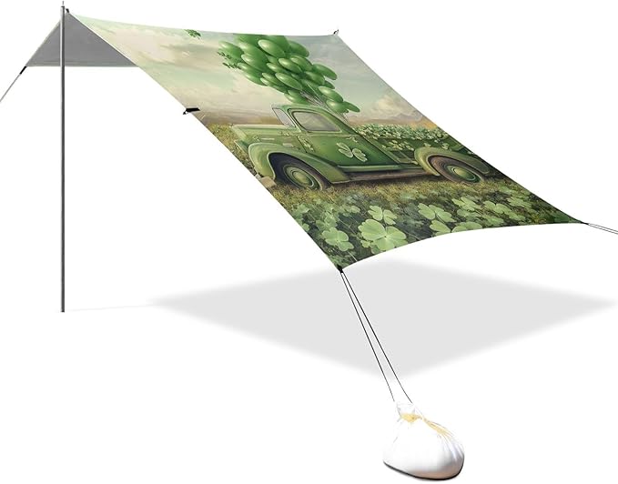 ALAZA St. Patrick's Day Green Car Balloons Clover Beach Tent Sun Shelter Portable Canopy Sunshade for Outdoor Camping Picnics Backyard Fun 10x9 ft