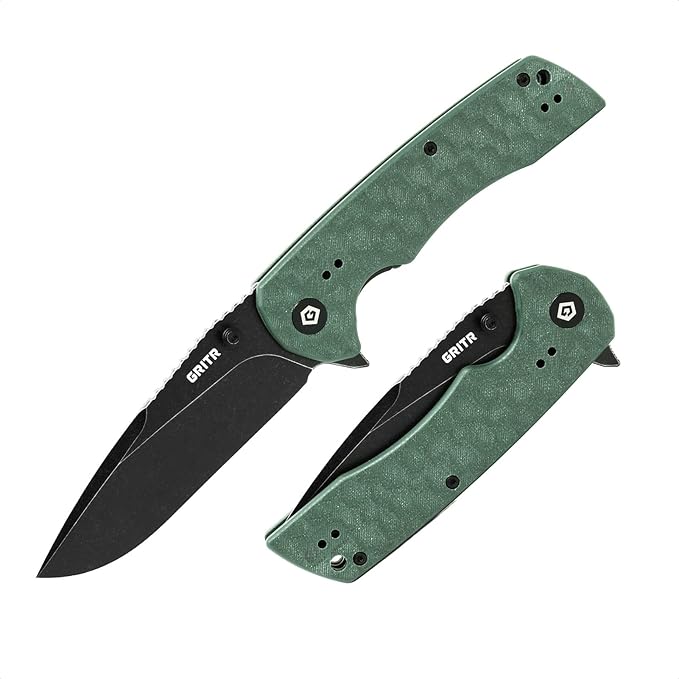 GRITR Stealth Folding Pocket Knife w/ 3.5 D2 Steel Blade for Military Hunting Camping Hiking – Green Handle Non-Serrated Blade with Stonewashed Finish