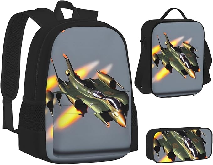 3pcs Backpack Sets Jet Fighters Printed Backpacks Set With Lunch Bag Pencil Pouch