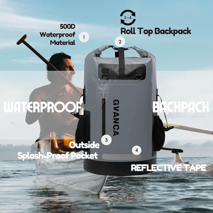 Waterproof Roll Top Kayak Dry Backpack Floating Outdoor Dry Sack Boating Sailing Canoeing Rafting Fishing Camping 55L Grey