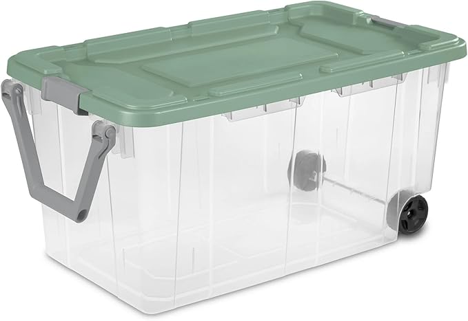 Storage Bin 40 Gallon 160 Qt Wheeled Industrial Tote Plastic Rolling Stacker Storage Box Tough Lidded Stackable Storage Container for Home Garage and Camping Clear Base &amp Green Sage Lid 2-pack