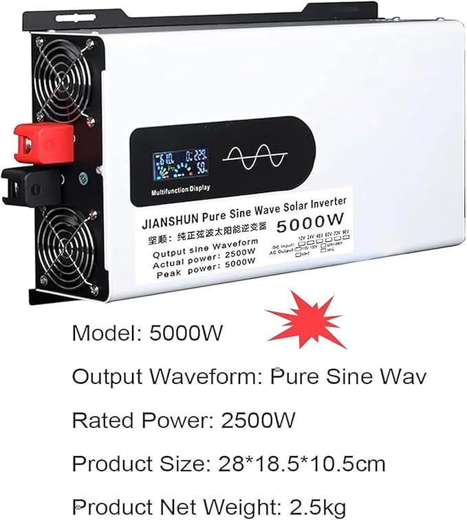 5000W Hybrid Solar Inverter 24V DC to 110V/220V AC Split Phase Pure Sine Wave Inverter Parallel Ready Home Energy Storage