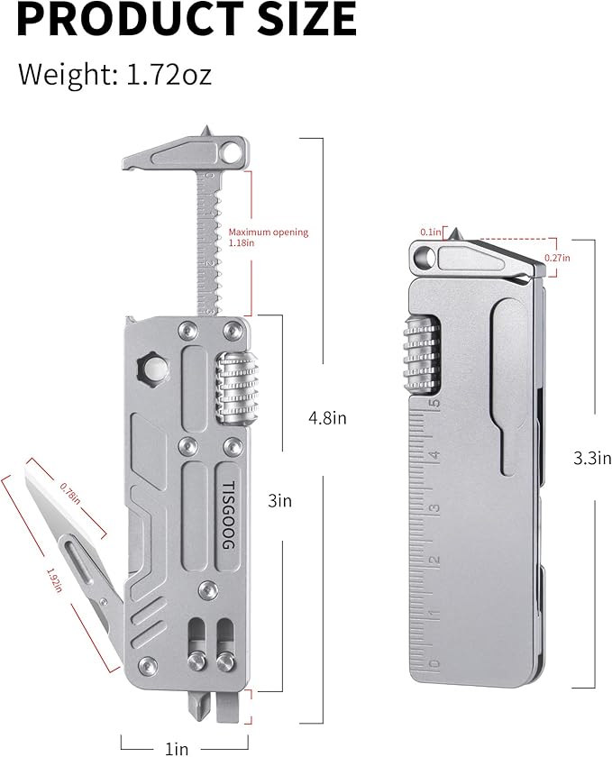 Titanium EDC Tool with Small Adjustable Spanner Wrench Pocket Screwdriver Window Breaker Bottle Opener and Ruler Mini Multitool for Everyday Carry