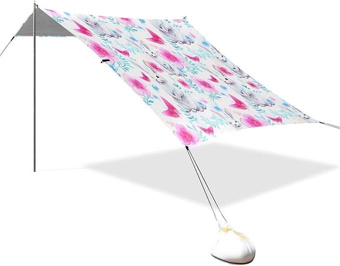 Rabbit Beach Canopy Sun Shelter with Sandbags &amp Sand Shovel &amp Windproof Ropes - Portable 110x126 Beach Shade Beach Tent for Camping Picnics