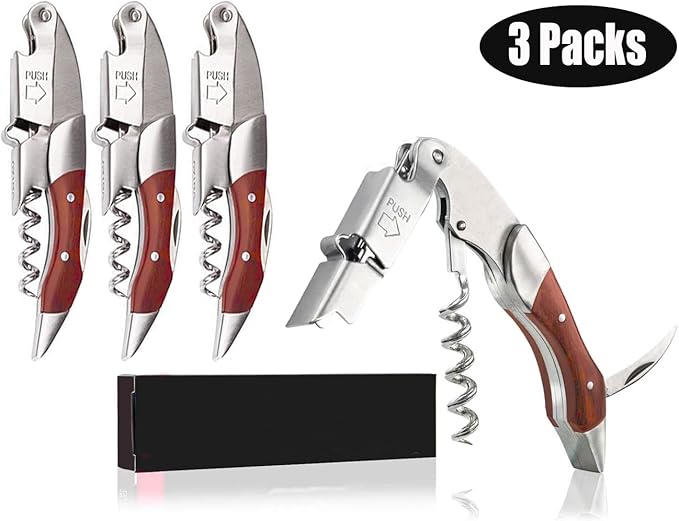Professional Waiter Corkscrew Wine Key for Bartenders Set of 3With Long Rosewood Handle Stainless Steel Handle Wine Opener for Bar Restaurant Waiters Sommelier Bartend (Rose Wood 3 Packs)