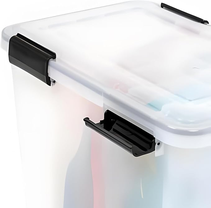 IRIS USA WeatherPro 74 Qt Storage Bins with Lids 2 Pack BPA-Free Plastic Gasket Box with Tight Latch and Seal Stackable Nestable Tote Tub - Clear/Black