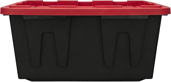 (2 Pack) 27 Gallon Large Storage Bin with Snap Lid Black and Red Heavy Duty Plastic Storage Container Stackable with Secure 2-Point Closure Lockable Holes Indoor/Outdoor Use