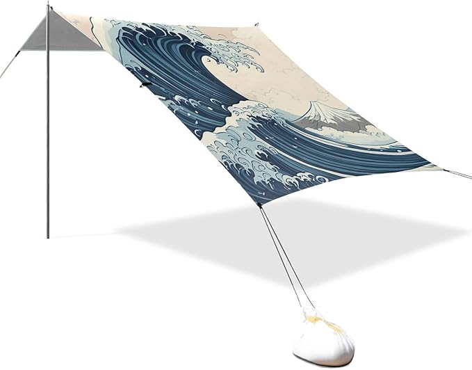 Beach Canopy with Windproof Ropes &amp Sandbags Beach Tent Sun Shade Sun Shelter for Camping Trips Fishing Backyard Fun or Picnics Waves
