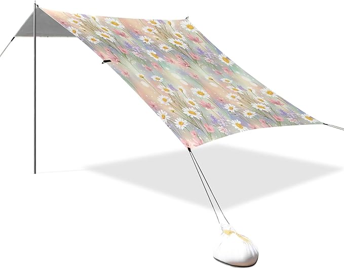 Daisy Beach Canopy Sun Shelter with Sandbags &amp Sand Shovel &amp Windproof Ropes - Portable 110x126 Beach Shade Beach Tent for Camping Picnics