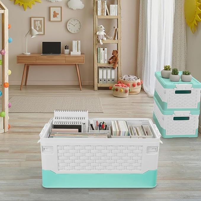 TOPCJ Foldable Storage Bins with LidsCloset OrganizerStackable Plastic Storage Containers with Secure Latching BucklesPerfect Storge Box Organization for Homehome Office(Blue)