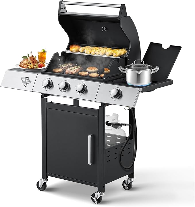 MELLCOM Upgraded 36000 BTU Stainless Steel Burner Barbecue Grill 3 Burner BBQ Propane Gas Grill with Cast Iron Grates &amp Side Stove for Patio Camping Outdoor Cooking