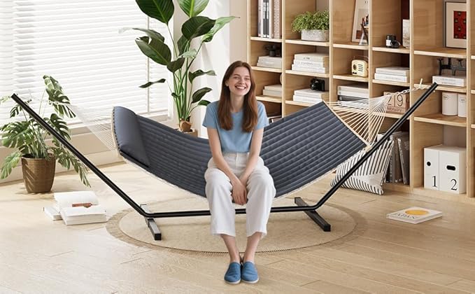 2 Person Hammock with Heavy Duty 500Lb Capacity Stand - Portable Cotton Rope Hammock &amp Quilted Comfort Pad - Relax Together Indoor or Outdoor (Gray)