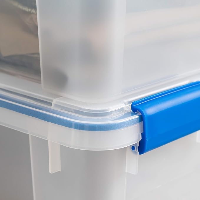 IRIS USA WeatherPro 60 Qt Storage Bins with Lids 3 Pack BPA-Free Plastic Gasket Box with Tight Latch and Seal Stackable Nestable Tote Tub - Clear/Blue