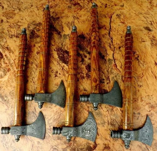 Lot of 5 Axe Damascus Steel 18'' Beautiful Smoke Pipe Olive Wood Handle Axe/Hand Forged Woodsman Axe