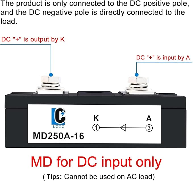 200amp Diode Anti-Reverse One Way Diode MD 250A (200A)-16 Voltage Range:AC &lt 400VACDC 3-1000VFor ChargingCommonly Used in photovoltaics Solar EnergyCar Panels 12V 24V 36V 120V