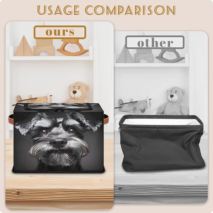Schnauzer Dog Storage Box with Lid Black Dog Collapsible Storage Bins Baskets Cubes Closet Shelf Clothes Organizer Containers with PU Leather Handles