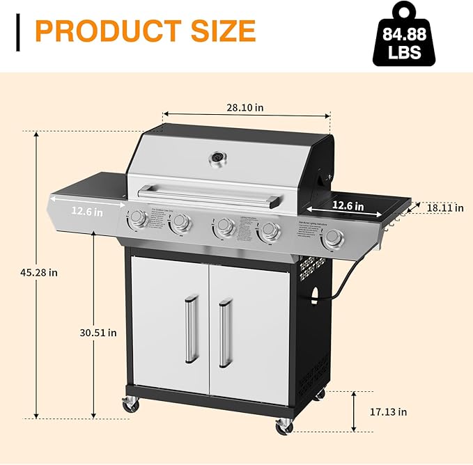 4 Led Burner Propane Gas Grill with Side Burner 60000 BTUs Output Stainless Steel Propane Grill for Outdoor Cooking and Patio Backyard Barbecue