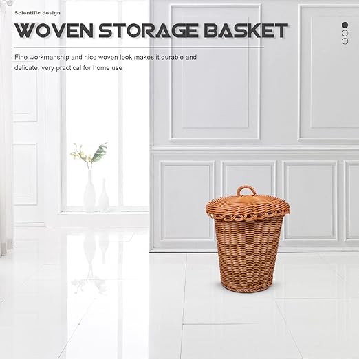 Alipis Imitation Rattan Woven Trash Basket with Lid 12.20X9.64X9.44 Inch Desktop Garbage Bin for Home Office Study Storage Organizer Sundries Container