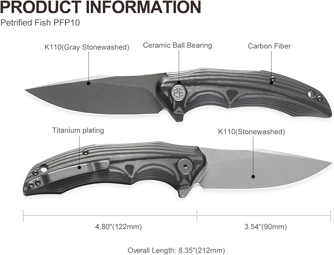 Petrified fish PFP10 Hairtail Folding Knife 3.54 K110 Stonewashed Blade 5.25 oz Micarta Handle Pocket Folding knife for EDC Camping Outdoor (Khaki Stonewashed)