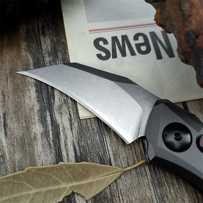 HUAAO Push Button Knife Spring Assisted Opening EDC Folding Pocket knives For Men2.08 inch 8Cr13Mov Hawkbill Bladegray aluminum handleWith Deep Carry Pocket Clip
