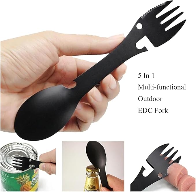 1PCS Outdoor Survival Tools 5 in 1 Camping Multi-Functional EDC Kit Practical Fork Knife Spoon Bottle/Can Opener(Colorful)